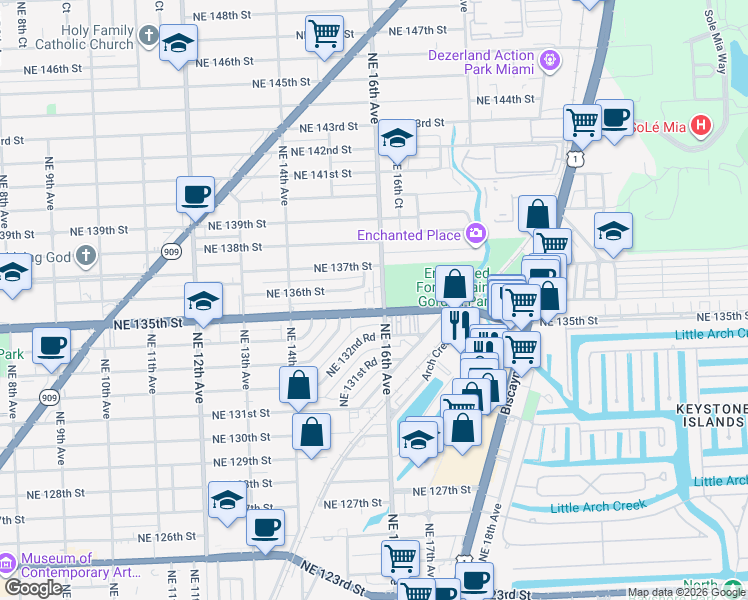 map of restaurants, bars, coffee shops, grocery stores, and more near 1595 Northeast 135th Street in North Miami