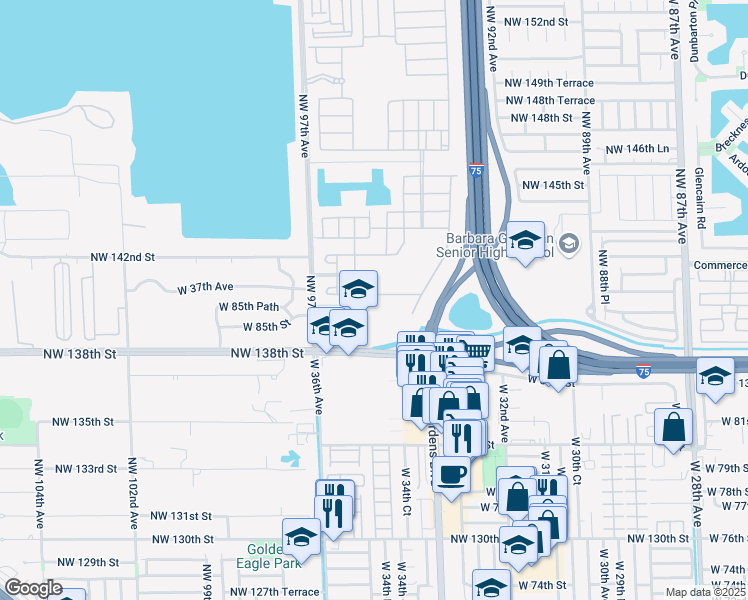 map of restaurants, bars, coffee shops, grocery stores, and more near 3476 West 86th Terrace in Hialeah