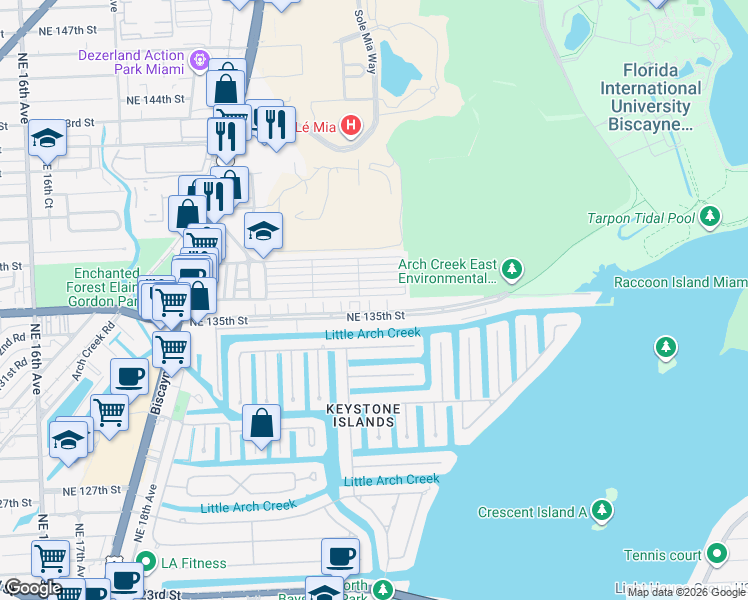map of restaurants, bars, coffee shops, grocery stores, and more near 13515 Northeast 24th Court in North Miami