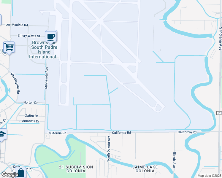 map of restaurants, bars, coffee shops, grocery stores, and more near 6251 California Road in Brownsville