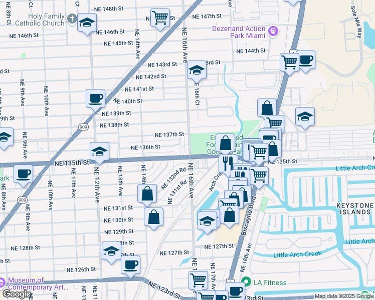 map of restaurants, bars, coffee shops, grocery stores, and more near 1595 Northeast 135th Street in North Miami