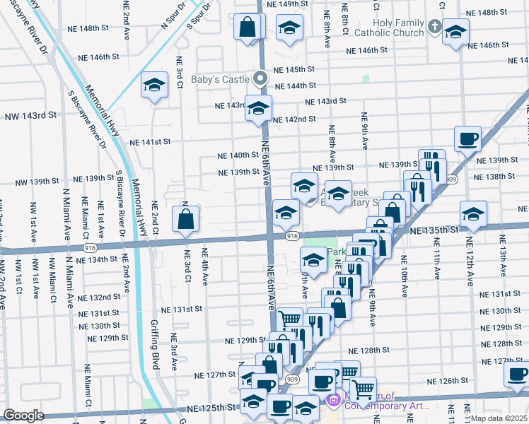 map of restaurants, bars, coffee shops, grocery stores, and more near in North Miami