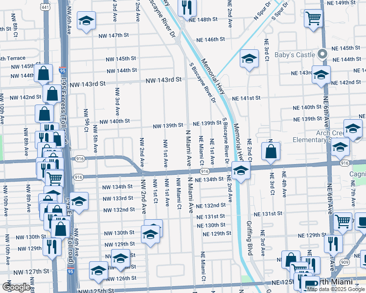 map of restaurants, bars, coffee shops, grocery stores, and more near 13639 North Miami Avenue in Miami