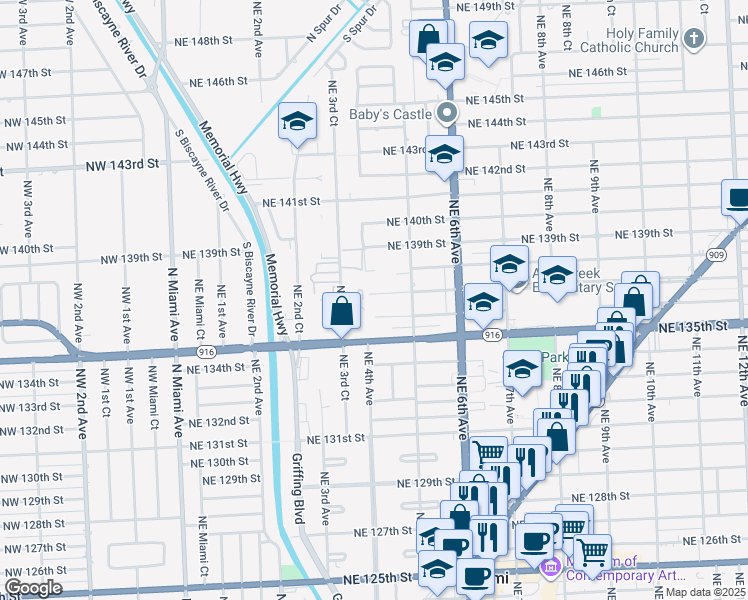map of restaurants, bars, coffee shops, grocery stores, and more near 400 Northeast 137th Street in North Miami