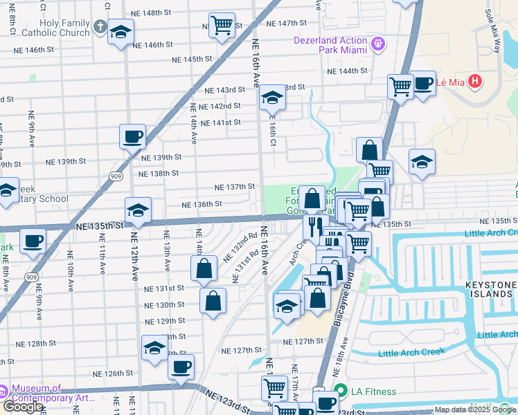 map of restaurants, bars, coffee shops, grocery stores, and more near 1595 Northeast 135th Street in North Miami