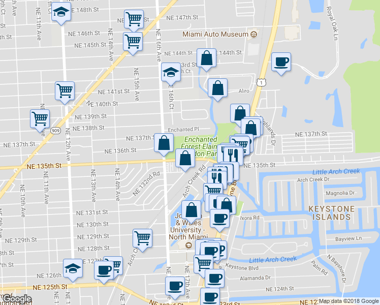 map of restaurants, bars, coffee shops, grocery stores, and more near 1701 Northeast 135th Street in North Miami
