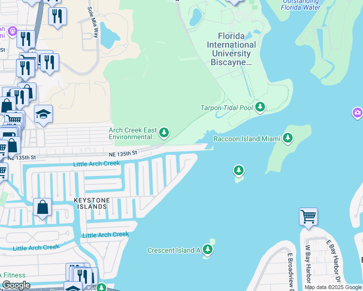 map of restaurants, bars, coffee shops, grocery stores, and more near 2654 Northeast 135th Street in North Miami
