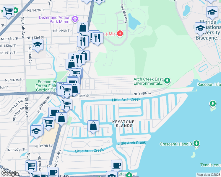 map of restaurants, bars, coffee shops, grocery stores, and more near 13505 Northeast 23rd Court in North Miami