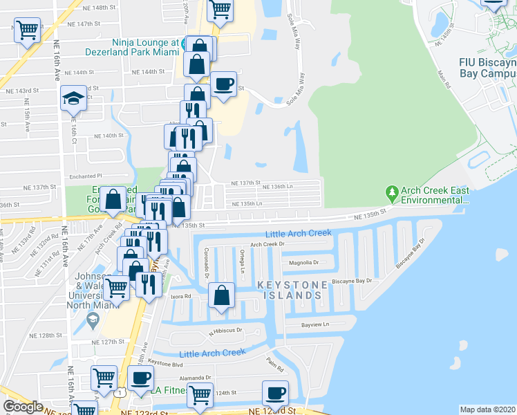 map of restaurants, bars, coffee shops, grocery stores, and more near 13505 Northeast 23rd Court in North Miami