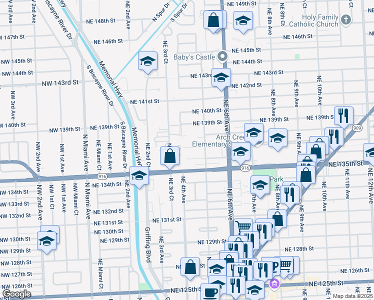 map of restaurants, bars, coffee shops, grocery stores, and more near 455 Northeast 136th Street in North Miami