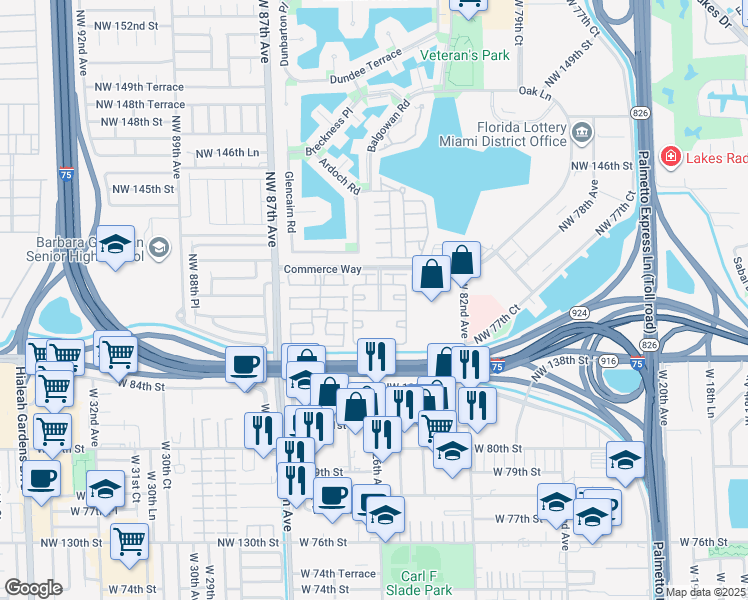 map of restaurants, bars, coffee shops, grocery stores, and more near 8330 Commerce Way in Miami Lakes