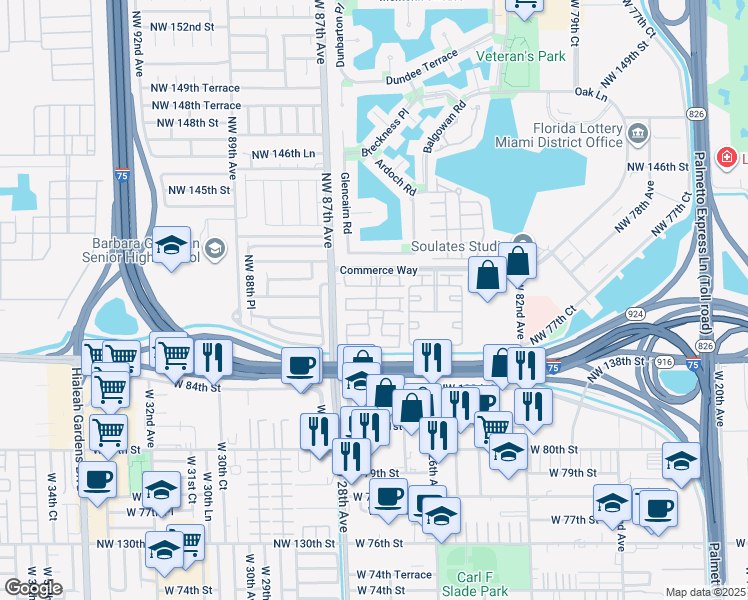 map of restaurants, bars, coffee shops, grocery stores, and more near 8548 Northwest 141st Terrace in Hialeah