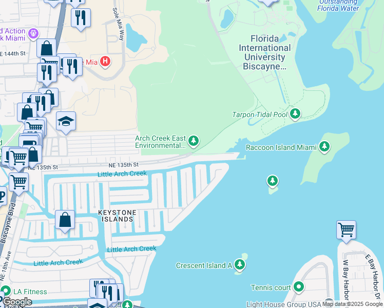map of restaurants, bars, coffee shops, grocery stores, and more near 2600 Northeast 135th Street in North Miami