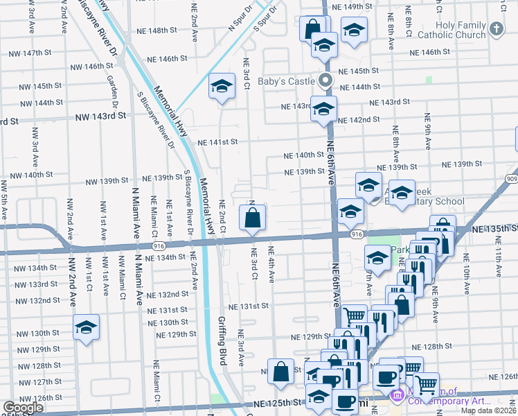 map of restaurants, bars, coffee shops, grocery stores, and more near 13697 Northeast 3rd Court in North Miami