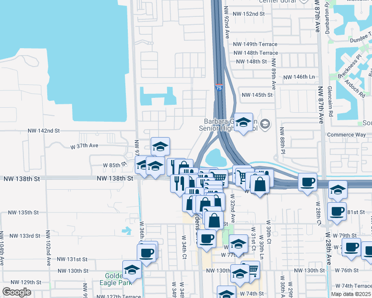 map of restaurants, bars, coffee shops, grocery stores, and more near 3476 West 86th Terrace in Hialeah