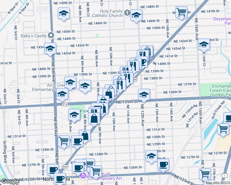 map of restaurants, bars, coffee shops, grocery stores, and more near 13571 West Dixie Highway in North Miami