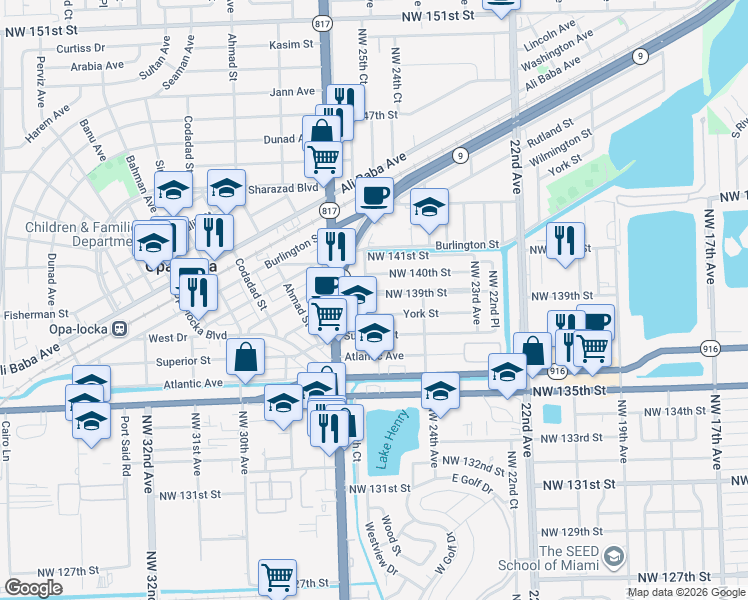 map of restaurants, bars, coffee shops, grocery stores, and more near 13850 Northwest 26th Avenue in Opa-locka
