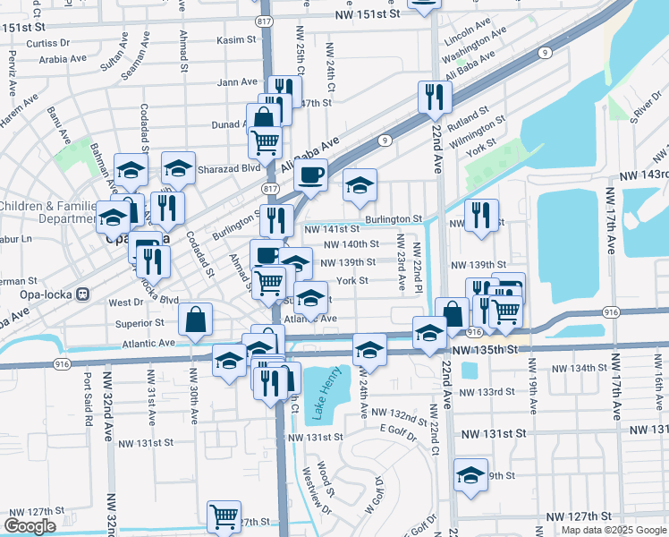 map of restaurants, bars, coffee shops, grocery stores, and more near 2545A York Street in Opa-locka
