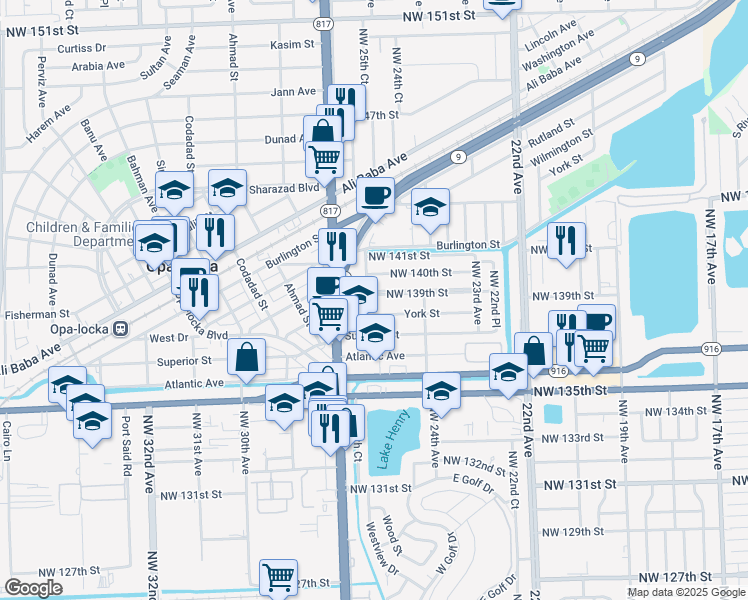 map of restaurants, bars, coffee shops, grocery stores, and more near 13850 Northwest 26th Avenue in Opa-locka