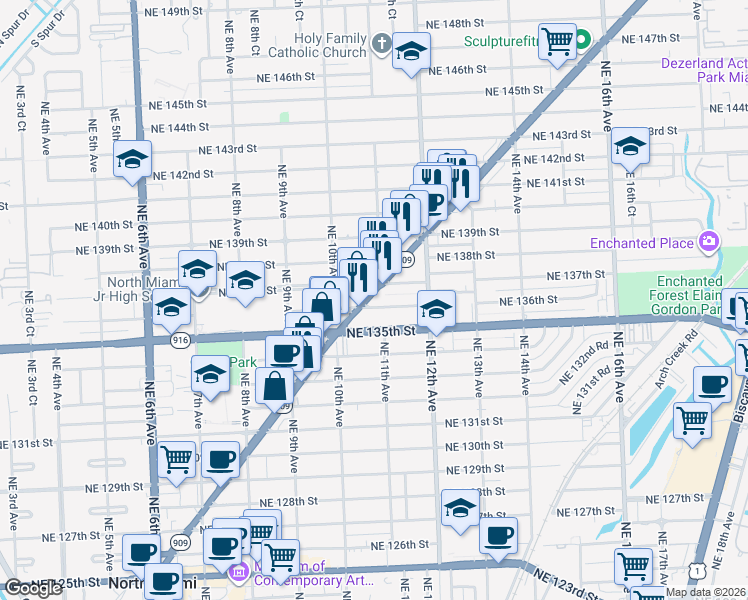 map of restaurants, bars, coffee shops, grocery stores, and more near 1110 Northeast 136th Street in North Miami