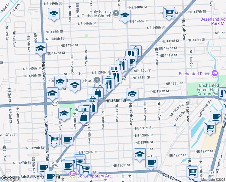 map of restaurants, bars, coffee shops, grocery stores, and more near 13571 West Dixie Highway in North Miami