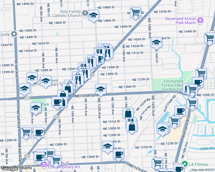 map of restaurants, bars, coffee shops, grocery stores, and more near 1255 Northeast 135th Street in North Miami