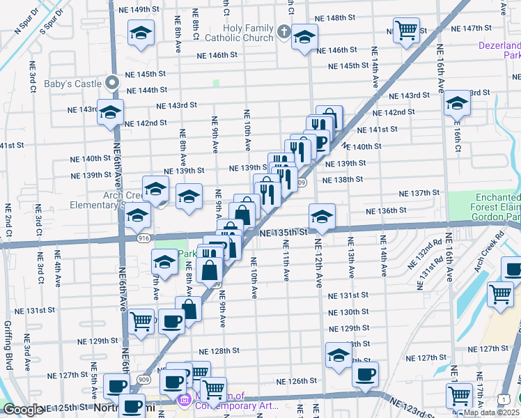 map of restaurants, bars, coffee shops, grocery stores, and more near 13571 West Dixie Highway in North Miami