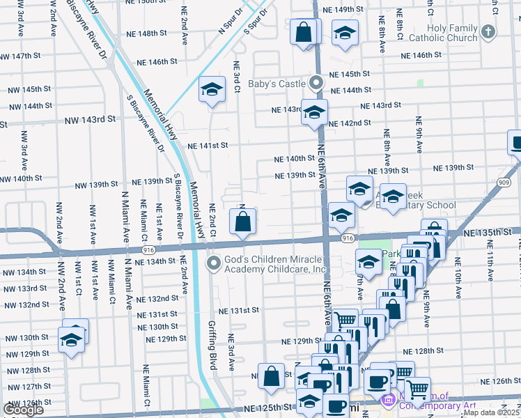 map of restaurants, bars, coffee shops, grocery stores, and more near 13605 Northeast 3rd Court in North Miami