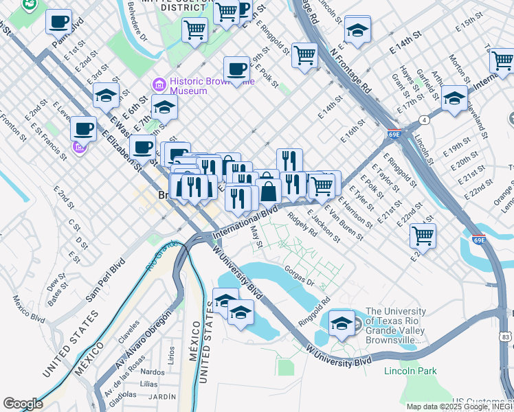 map of restaurants, bars, coffee shops, grocery stores, and more near 890 International Boulevard in Brownsville