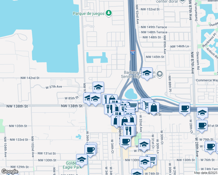 map of restaurants, bars, coffee shops, grocery stores, and more near 3476 West 86th Terrace in Hialeah