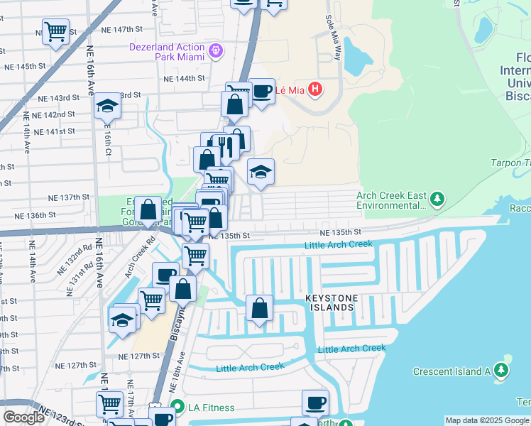 map of restaurants, bars, coffee shops, grocery stores, and more near 1981 Northeast 135th Street in North Miami