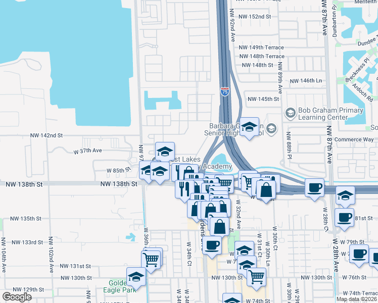map of restaurants, bars, coffee shops, grocery stores, and more near 8551 West 33rd Avenue in Hialeah