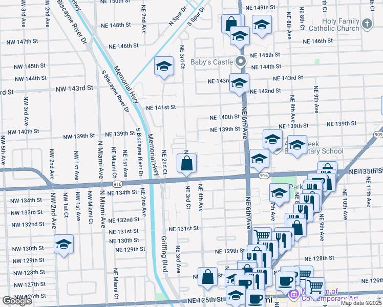 map of restaurants, bars, coffee shops, grocery stores, and more near 13725 Northeast 3rd Court in North Miami