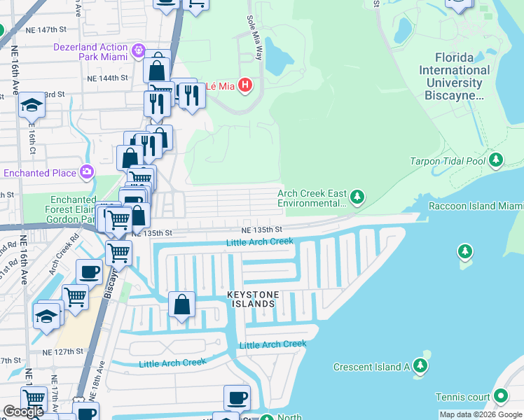 map of restaurants, bars, coffee shops, grocery stores, and more near 13506 Northeast 24th Court in North Miami