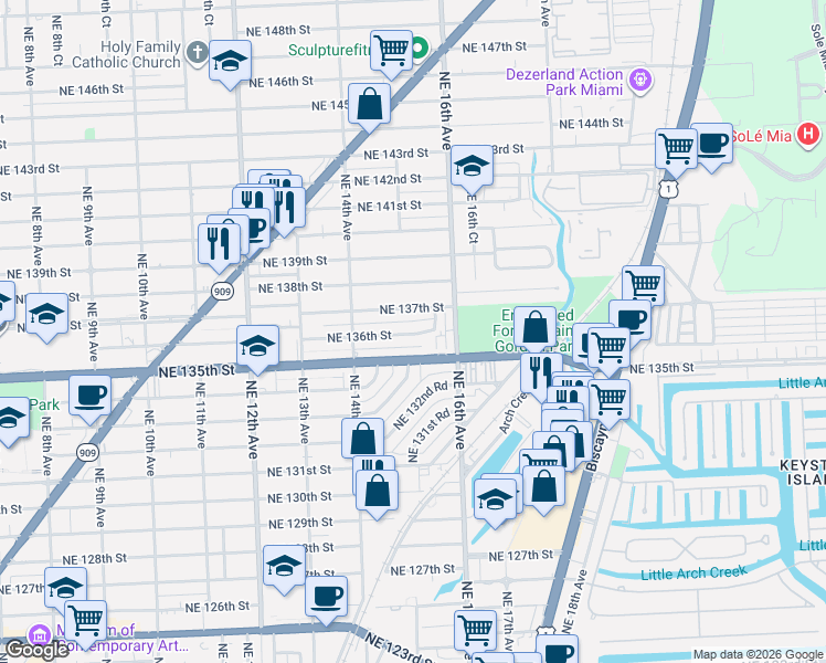 map of restaurants, bars, coffee shops, grocery stores, and more near 1475 Northeast 135th Street in North Miami