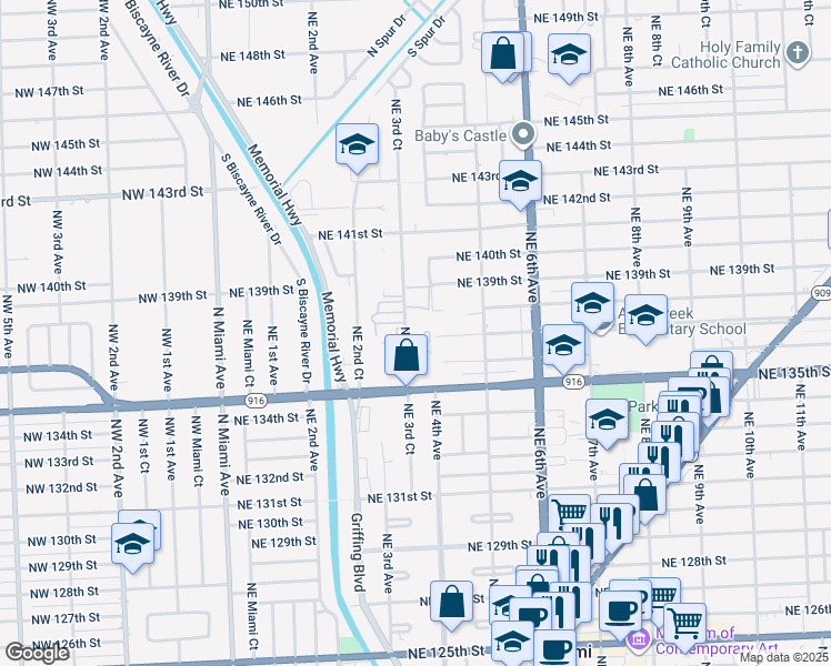 map of restaurants, bars, coffee shops, grocery stores, and more near 13605 Northeast 3rd Court in North Miami