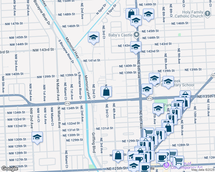 map of restaurants, bars, coffee shops, grocery stores, and more near 13605 Northeast 3rd Court in North Miami
