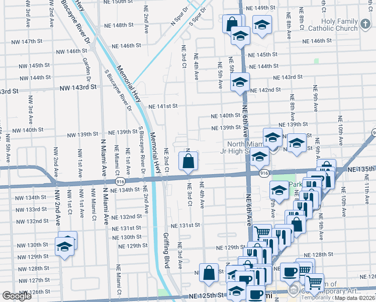 map of restaurants, bars, coffee shops, grocery stores, and more near 13605 Northeast 3rd Court in North Miami