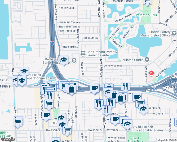 map of restaurants, bars, coffee shops, grocery stores, and more near 8847 Northwest 139th Terrace in Hialeah