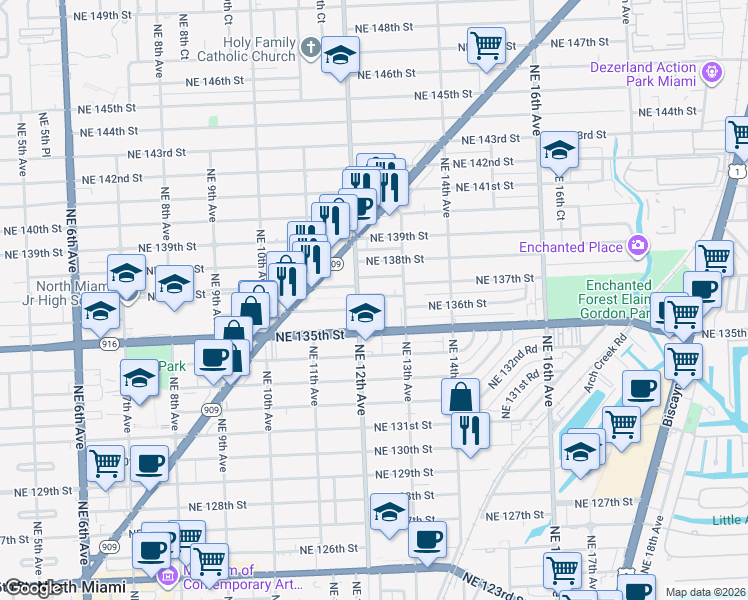 map of restaurants, bars, coffee shops, grocery stores, and more near 1255 Northeast 135th Street in North Miami
