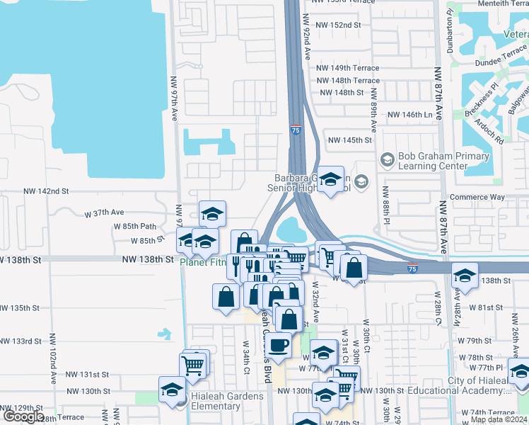 map of restaurants, bars, coffee shops, grocery stores, and more near 8643 West 33rd Avenue in Hialeah