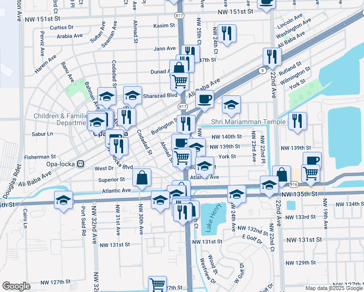 map of restaurants, bars, coffee shops, grocery stores, and more near 14060 Northwest 27th Avenue in Opa-locka