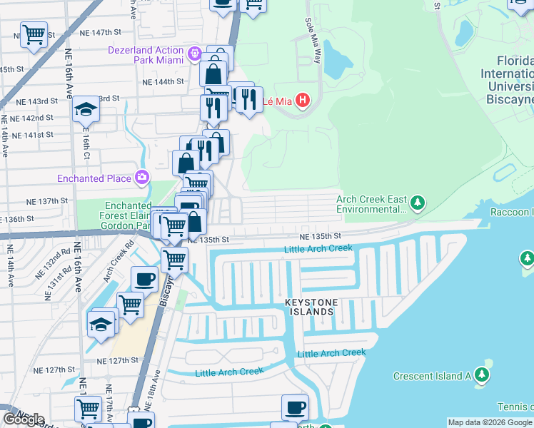 map of restaurants, bars, coffee shops, grocery stores, and more near 2270 Northeast 136th Lane in North Miami Beach