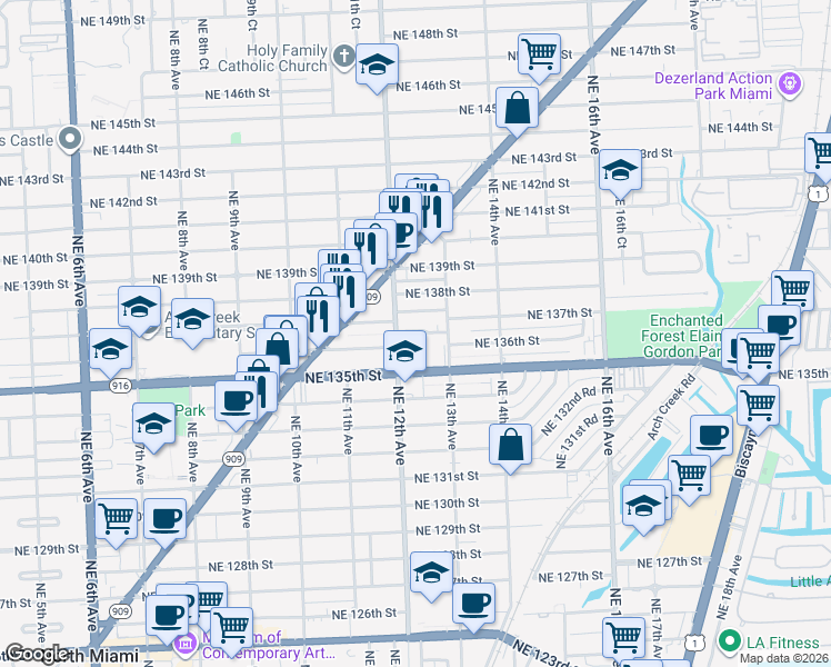 map of restaurants, bars, coffee shops, grocery stores, and more near 1280 Northeast 137th Terrace in North Miami