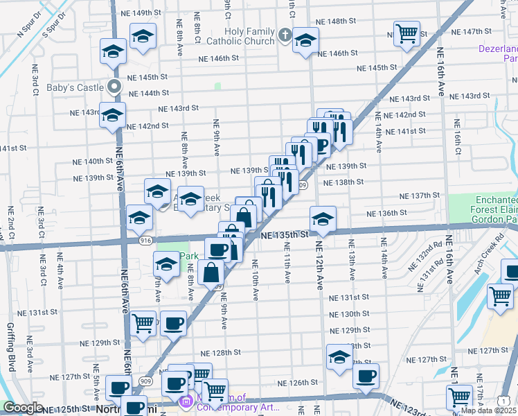 map of restaurants, bars, coffee shops, grocery stores, and more near 1041 Northeast 137th Street in North Miami