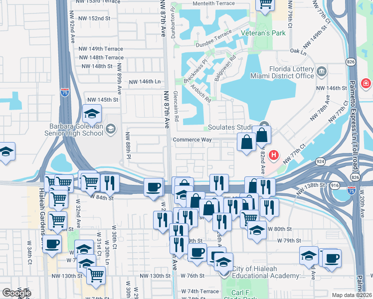 map of restaurants, bars, coffee shops, grocery stores, and more near 8500 Commerce Way in Miami Lakes