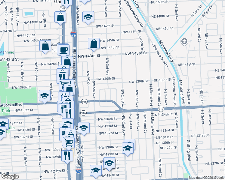 map of restaurants, bars, coffee shops, grocery stores, and more near 360 Northwest 139th Street in North Miami