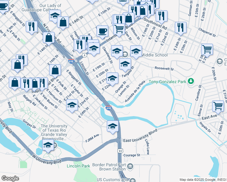 map of restaurants, bars, coffee shops, grocery stores, and more near 7 Orange Street in Brownsville