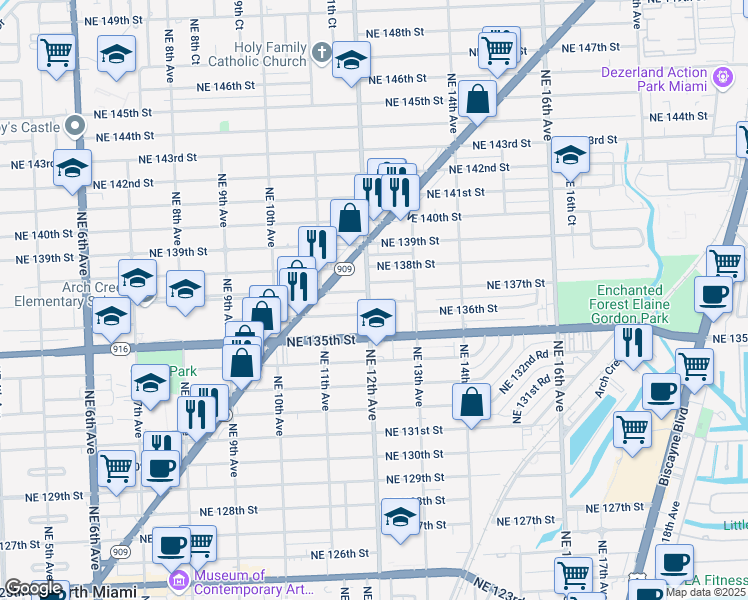 map of restaurants, bars, coffee shops, grocery stores, and more near in North Miami