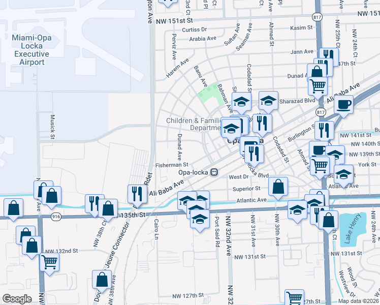 map of restaurants, bars, coffee shops, grocery stores, and more near 4 Sabur Lane in Opa-locka